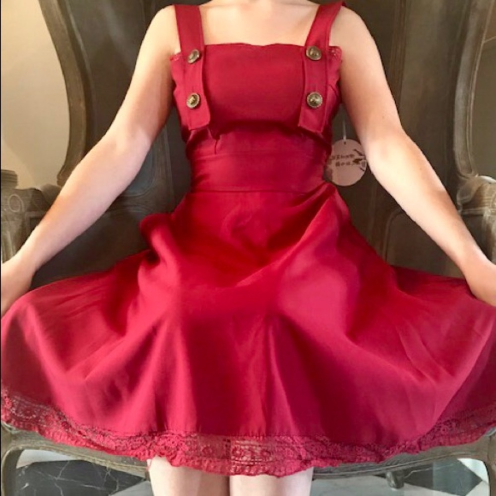 Beautiful crimson pinafore style midi dress!